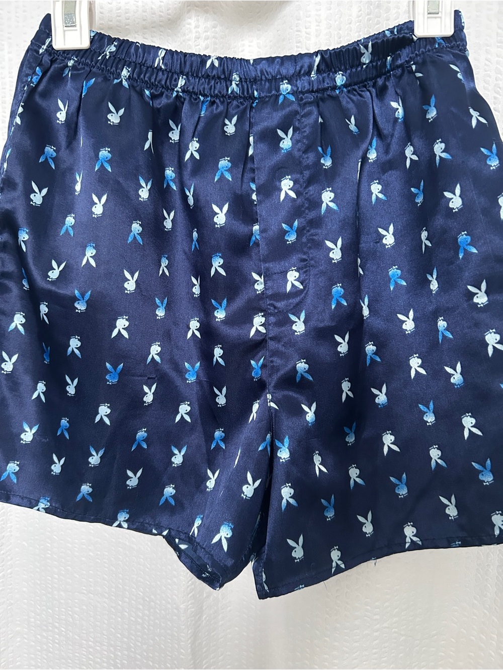 PLAYBOY vintage Navy Satin Shorts with Light Blue Bunny Print
